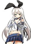  blush breasts elbow_gloves gloves holding holding_panties kantai_collection long_hair looking_at_viewer mozu_(peth) nipples panties panties_removed shimakaze_(kantai_collection) simple_background small_breasts solo underwear very_long_hair white_background 