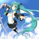  bad_id bad_pixiv_id cloud day detached_sleeves faefaea green_eyes green_hair hatsune_miku headphones highres long_hair microphone necktie outstretched_arm skirt sky solo thighhighs twintails very_long_hair vocaloid 