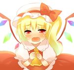  beniko blonde_hair blush crying crying_with_eyes_open fang flandre_scarlet hat mob_cap open_mouth red_eyes short_hair solo tears touhou 