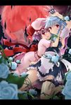  :d :o bad_id bad_pixiv_id bat_wings blue_flower blue_hair blue_rose blurry blush braid depth_of_field dress fang flower full_moon hat holding holding_knife hug izayoi_sakuya knife knives_between_fingers lavender_hair letterboxed moon multiple_girls open_mouth pan_(mimi) parted_lips plant purple_hair red_eyes red_moon remilia_scarlet rose short_hair silver_hair smile thigh_strap torn_apron torn_clothes torn_dress touhou twin_braids vampire vines white_flower white_rose wings 