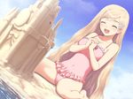  barefoot beach blonde_hair blush closed_eyes daisy day dutch_angle fault!! flower frilled_swimsuit frills game_cg hair_flower hair_ornament hands_clasped happy hayama_rika long_hair one-piece_swimsuit own_hands_together sand_castle sand_sculpture sitting smile solo swimsuit tanaka_takayuki very_long_hair wariza 