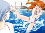  2girls androgynous angry ayanami_rei barefoot casual_one-piece_swimsuit ikari_shinji ikari_shinji_raising_project kicking multiple_girls neon_genesis_evangelion one-piece_swimsuit otoko_no_ko pool pool_ladder souryuu_asuka_langley swimsuit water yonekura_kengo 