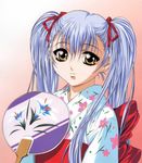  90s blue_hair fan gotou_keiji hair_ribbon hoshino_ruri japanese_clothes kidou_senkan_nadesico kimono long_hair ribbon smile solo twintails yellow_eyes yukata 