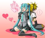  1girl aqua_hair back-to-back blonde_hair detached_sleeves eiro hatsune_miku headphones heart kagamine_len long_hair necktie short_hair shorts sitting skirt smile sweat thighhighs twintails vocaloid wariza zettai_ryouiki 