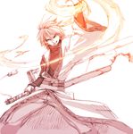  akaboshi_ibun_suikoden chinese fire gradient huge_weapon male_focus monochrome orange_(color) pink smile solo sword taisou_(akaboshi_ibun_suikoden) weapon yahako 