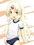  alternate_costume blonde_hair buruma gym_uniform hiroya_juuren horn hoshiguma_yuugi long_hair open_mouth red_eyes simple_background smile solo touhou younger 