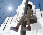  backlighting bad_id bad_pixiv_id bird cloud copyright_request day error foreshortening from_below lens_flare looking_at_viewer no_socks power_lines shadow shoes short_hair siraha sitting smile sneakers solo sun telephone_pole transformer 