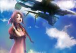  adjusting_hair aerith_gainsborough aircraft airship bad_id bad_pixiv_id brown_hair cloud cropped_jacket day dodon_(reina) dress final_fantasy final_fantasy_vii flying green_eyes pink_dress sky smile solo 