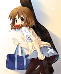  bag bandages bread brown_eyes brown_hair food food_in_mouth from_behind guitar_case hair_ornament hairclip hirasawa_yui instrument_case k-on! late_for_school looking_back mouth_hold paco pantyhose putting_on_shoes school_bag school_uniform shoes short_hair skirt solo sweatdrop sweater_vest toast toast_in_mouth 