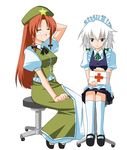  bad_id bad_pixiv_id bandaid first_aid_kit hairband hand_behind_head hat hong_meiling izayoi_sakuya kasu_kazu maid multiple_girls red_hair sitting touhou white_hair 