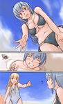  2girls beach bikini blonde_hair blue_eyes breasts buried day from_below large_breasts long_hair multiple_girls older outdoors rozen_maiden shinku short_hair siblings silver_hair suigintou swimsuit tsuda_nanafushi 