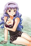  arm_support breasts cleavage emanon123 hairband highres idolmaster idolmaster_(classic) large_breasts long_hair one-piece_swimsuit partially_submerged polka_dot purple_eyes purple_hair shijou_takane sitting solo swimsuit 