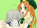  bad_id bad_pixiv_id breast_grab breasts grabbing green_eyes hat hong_meiling hug izayoi_sakuya maid maid_headdress medium_breasts mitsuko multiple_girls red_hair silver_hair touhou 