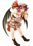  adapted_costume annoyed bad_id bad_pixiv_id bat_wings boots cross-laced_footwear face fang hand_on_hip kurione_(zassou) lace-up_boots leaning_forward legs midriff navel open_mouth purple_hair raised_eyebrow red_eyes remilia_scarlet short_hair simple_background solo touhou white_background wings 