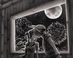  1girl aerial_fireworks aerith_gainsborough beige closed_eyes cloud_strife couple cropped_jacket dating final_fantasy final_fantasy_vii fireworks full_moon gondola greyscale hetero imminent_kiss indoors kieta meteor_shower monochrome moon night night_sky ponytail shooting_star short_sleeves sidelocks sky smile spiked_hair star_(sky) starry_sky window 