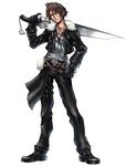  belt brown_hair dissidia_final_fantasy final_fantasy final_fantasy_viii fur_trim gloves gunblade jacket jewelry male_focus multiple_belts necklace nomura_tetsuya official_art scar solo squall_leonhart weapon 