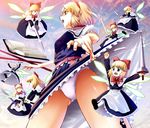  alice_margatroid blonde_hair doll dress dress_lift lance nail_polish nemuo panties polearm razor red_nails shanghai_doll short_hair solo string sword touhou underwear upskirt weapon 