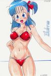  :d armpits artist_name ass_visible_through_thighs bangs bikini blue_eyes blue_hair blunt_bangs blush breasts bulma character_name cleavage clenched_hand cowboy_shot dated dragon_ball dragon_ball_(classic) groin hair_ribbon happy head_tilt hips long_hair looking_at_viewer medium_breasts navel non-web_source o-ring o-ring_bikini o-ring_bottom o-ring_top one_side_up open_mouth outstretched_arm red_bikini red_ribbon ribbon sideboob simple_background skindentation smile solo standing straight_hair string_bikini swimsuit thighs traditional_media underboob white_background worson 