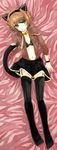  :&lt; alternate_costume angry animal_ears artist_request blush bra brown_hair fake_animal_ears garters green_eyes highres jewelry lingerie lying miniskirt navel necktie open_clothes open_shirt rita_mordio shirt skirt solo tail tales_of_(series) tales_of_vesperia thighhighs underwear 