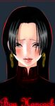  banned_artist black_hair bluedemon13 boa_hancock character_name earrings face jewelry lips long_hair one_piece self_upload simple_background solo upper_body watermark web_address 