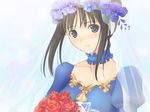  black_eyes black_hair blush bouquet breasts bridal_veil bride choker cleavage cleavage_cutout close-up dress flower france_shoujo game_cg hair_up happy medium_breasts non-web_source outdoors rose sky smile solo tanaka_takayuki veil wedding_dress yagisawa_kasumi 