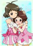  1girl ahoge akizuki_ryou antenna_hair brown_hair cute_&amp;_girly_(idolmaster) hidaka_ai highres hug idolmaster idolmaster_dearly_stars otoko_no_ko short_hair sterndorf 