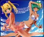  bikini blonde_hair bracelet can day dr_rex front-tie_top green_eyes green_hair innertube jewelry long_hair multiple_girls necklace original pepsi polka_dot polka_dot_bikini polka_dot_swimsuit short_hair side-tie_bikini soda_can swimsuit twintails yellow_eyes 