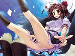  black_wings blush book brown_hair cloud day feathers flying_paper hat highres kneehighs looking_at_viewer notebook open_mouth panties pantyshot paper pen red_eyes scarlet_(studioscr) shameimaru_aya short_hair skirt sky socks solo tokin_hat touhou underwear wallpaper white_panties wings 