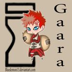  banned_artist beige_background beige_outline blue_eyes bluedemon13 blush character_name chibi crossed_arms eyeliner forehead_tattoo gaara gourd long_sleeves makeup male_focus naruto_(series) naruto_shippuuden red_hair self_upload solo spiked_hair watermark web_address 