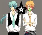  aqua_eyes aqua_hair blonde_hair blue_eyes bubble_blowing chewing_gum crossed_arms genderswap genderswap_(ftm) hair_ornament hairclip hatsune_mikuo kagamine_rinto long_hair male_focus megota multiple_boys necktie ponytail vocaloid 