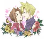  1girl aerith_gainsborough blonde_hair blue_eyes bow brown_hair cloud_strife couple cropped_jacket eye_contact final_fantasy final_fantasy_vii flower geist01 green_eyes hair_bow hetero lipstick looking_at_another makeup pink_bow ponytail rose spiked_hair 
