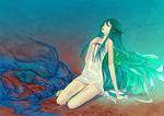  arm_support barefoot chemise closed_eyes flat_chest green_hair highres long_hair md5_mismatch redjuice saya saya_no_uta sitting slime solo very_long_hair 