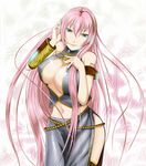  blue_eyes blue_nails breasts cleavage d4dry headphones headset highres large_breasts long_hair megurine_luka midriff nail_polish navel pink_hair skirt smile solo thighhighs very_long_hair vocaloid 