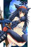  animal_ears armor asai_ichiko blue_hair breasts fishnets hairband large_breasts long_hair monster_hunter nargacuga_(armor) red_eyes sideboob solo thighhighs weapon 