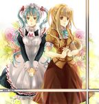  1girl apron blonde_hair blue_hair flower hair_ribbon hairband long_hair maid maria_holic mole mole_under_eye otoko_no_ko red_eyes ribbon sakuragi_kei school_uniform shidou_mariya shinouji_matsurika twintails 