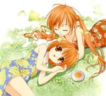  breasts bug butterfly cleavage closed_eyes dress grass happy insect kaho_(sister_princess) long_hair lying multiple_girls official_art on_side on_stomach orange_eyes orange_hair sakuya_(sister_princess) short_hair siblings sister_princess sisters small_breasts smile tenhiro_naoto twintails 
