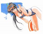  bent_over bikini black_hair brown_eyes cloud diving_mask dutch_angle innertube kai_tomohisa long_hair matsuoka_chie non-web_source sentimental_graffiti sky snorkel solo swimsuit 