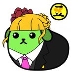  bad_pixiv_id beatrice black_eyes blonde_hair flower formal green_skin hair_bun hair_flower hair_ornament hair_up lowres mameshiba_(character) necktie no_humans obi_higemaru parody suit translated umineko_no_naku_koro_ni 