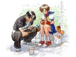  1girl blue_sailor_collar capcom capcom_vs_snk crossover cup_ramen fingerless_gloves food gloves hachimaki headband kasugano_sakura kusanagi_kyou milk neo_geo_pocket_color nishimura_kinu noodles official_art playing_games ramen sailor_collar school_uniform serafuku sitting snk street_fighter the_king_of_fighters video_game 