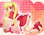  467_(artist) ass bad_id bad_pixiv_id bell blonde_hair boots christmas fate_testarossa gloves hair_ornament hair_ribbon kneeling long_hair lyrical_nanoha mahou_shoujo_lyrical_nanoha red_eyes red_gloves ribbon santa_costume solo twintails 