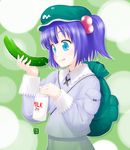 backpack bad_id bad_pixiv_id bag blue_eyes blue_hair cucumber hair_bobbles hair_ornament hat kawashiro_nitori milk nagian sexually_suggestive short_hair solo suggestive_fluid tongue touhou twintails two_side_up 