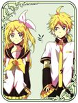  1girl alternate_hairstyle bad_id bad_pixiv_id blonde_hair blue_eyes brother_and_sister detached_sleeves hair_ornament hair_ribbon hairclip headphones headset hino_(moca) kagamine_len kagamine_rin long_hair necktie ponytail ribbon siblings smile twins vocaloid yellow_neckwear 