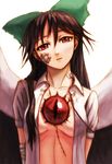  bad_id bad_pixiv_id bandages black_hair bow breasts eyes face green_bow hair_bow intravenous_drip kurione_(zassou) long_hair medium_breasts open_clothes open_shirt red_eyes reiuji_utsuho scar shirt solo stitches touhou wings 