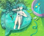  aqua_eyes aqua_hair bad_id bad_pixiv_id barefoot eating from_above grass hatsune_miku highres keipomjp knees_on_chest long_hair lying on_back pool shorts solo sunfish twintails vocaloid 