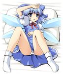  arm_up bed blue_eyes blue_hair bobby_socks cirno lying on_back panties pantyshot pantyshot_(lying) pillow ribbon short_hair socks solo spread_legs touhou underwear wings yamasan 