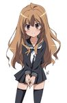  aisaka_taiga black_serafuku blush brown_eyes brown_hair long_hair ponpon ribbon school_uniform serafuku skirt smile solo thighhighs toradora! zettai_ryouiki 