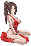  artist_request blush breasts brown_eyes brown_hair curvy dress fatal_fury large_breasts long_hair lowres no_panties pelvic_curtain ponytail red_dress revealing_clothes shiranui_mai sideboob solo the_king_of_fighters toeless_legwear 