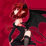  bad_id bad_pixiv_id bare_shoulders black_dress black_legwear demon_girl demon_horns demon_tail demon_wings detached_sleeves dress high_heels hikataso horns looking_at_viewer original pointy_ears red_eyes red_hair short_hair solo strapless strapless_dress tail thighhighs wings zoom_layer 