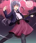  a_(aaaaaaaaaaw) animal_ears assault_rifle belt black_legwear blazer bunny_ears full_moon gun jack-o'-lantern jacket long_hair long_sleeves looking_at_viewer moon necktie night open_clothes open_jacket open_mouth pantyhose purple_hair red_eyes red_sky reisen_udongein_inaba rifle shirt skirt sky solo stg44 touhou very_long_hair weapon 