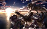  :/ breasts brown_hair cleavage clenched_hands elbow_gloves fighting_stance fingerless_gloves gloves headgear horizon kantai_collection large_breasts long_hair machinery nagato_(kantai_collection) navel ocean pleated_skirt red_eyes skirt sky solo sunrise torn_clothes tsuuhan v-shaped_eyebrows 